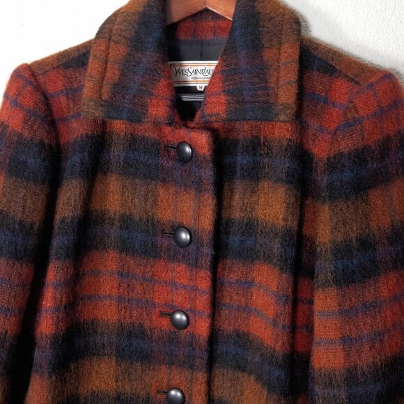 Yves Saint Laurent Diffusion Women’s Wool Coat Heritage Quiet Luxury Plaid Red M - Picture 3 of 14